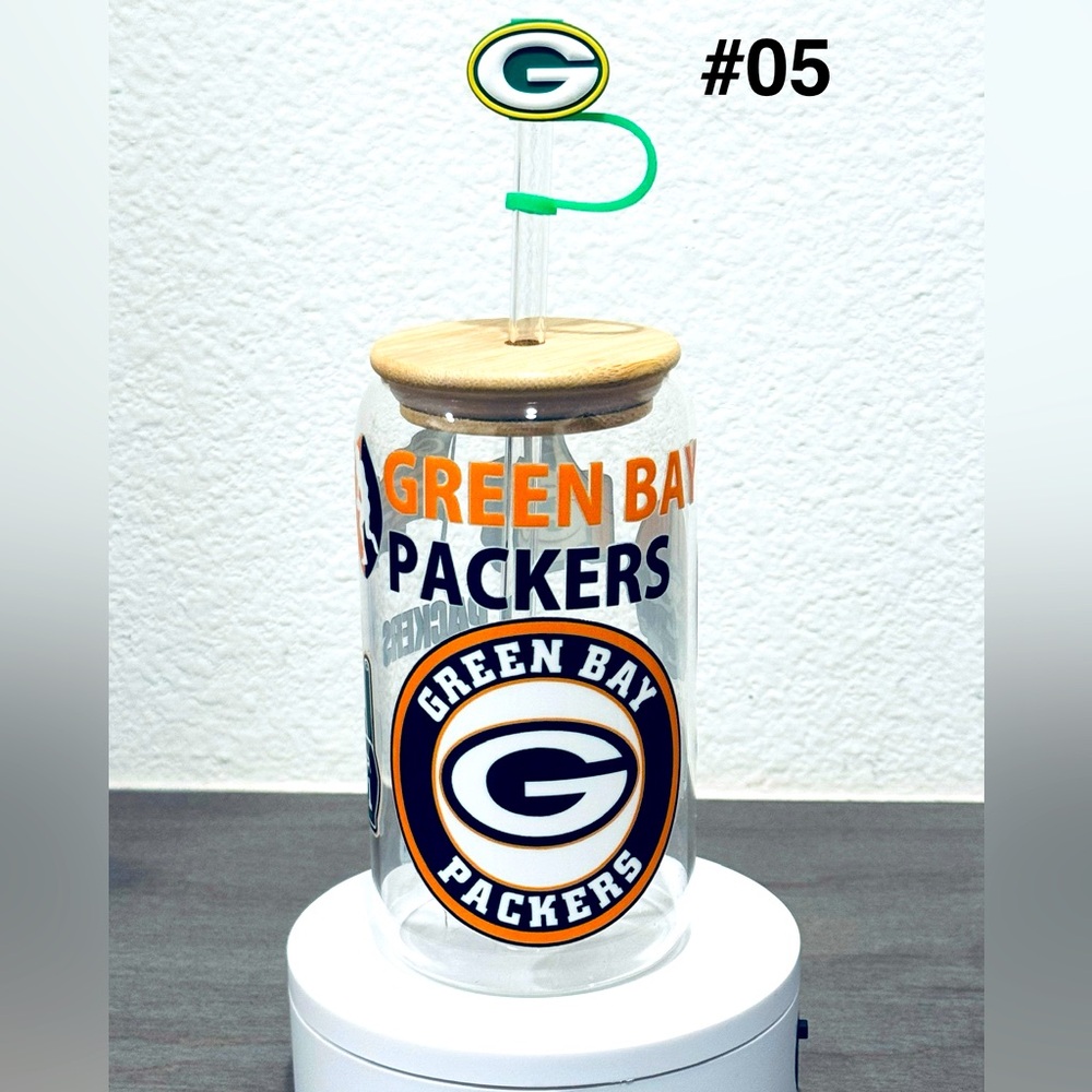 Green Bay Packers Glass Tumbler with Straw
